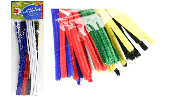 Chenille Stems 6mm Pk 50 Red,Wht,Blue,Blk,Yel,Grn